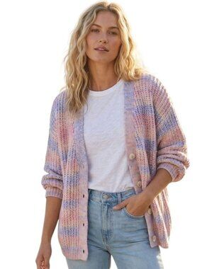 Marine Layer Chunky Knit Pastel Stripe V-neck Cotton Blend Cardigan Size L